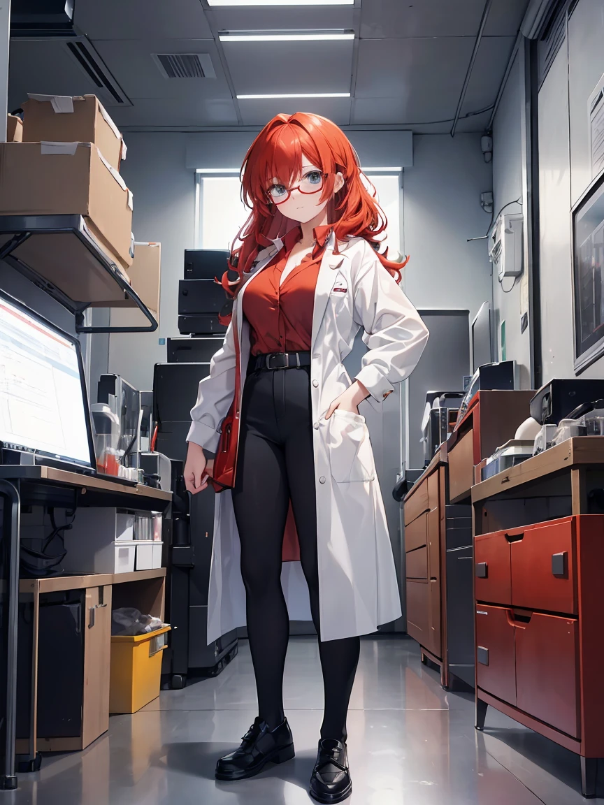 (high resolution) , (best qualityer),(4 k image),(detailedeyes),. 1 girl, big red hair,smallbreast, dressed as a scientist with scientist clothes on everything from scientistsbrs with and glasses from scientists,and scientist shoes,make up the entire show, standing in front of the clinic that carries out experiments.