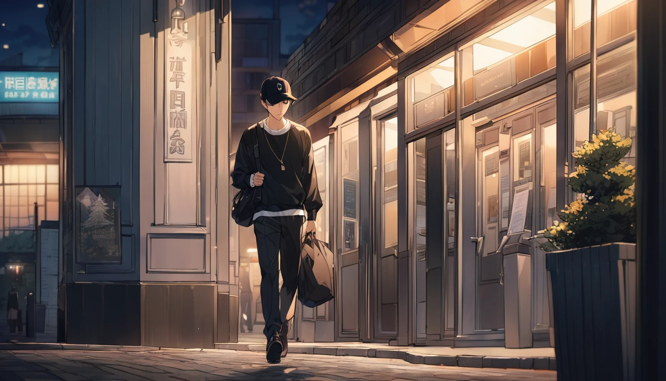 A young man wearing a black baseball cap,In front of the station,Walking on the sidewalk, evening, The finer details, Subtle tone, There is a sense of serenity in the photo,