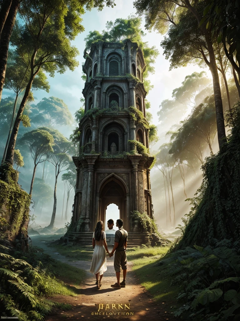 "Design a captivating book cover for 'Journey Through the Unknown,' an adventure and exploration novel. The cover should evoke a sense of mystery and adventure.
Background: A dense Amazon jungle with towering trees and vibrant greenery.
Foreground: An ancient, partially overgrown stone structure with intricate carvings.
Characters: Silhouettes or partial images of the main characters (Rohan, Maya, Anil, Zara, Dr. Neil) exploring the ruins. Title and Author's Name: The title 'Journey Through the Unknown' Author name ' Siddheswar Mahanand Chernoby letters. allout" in stark, bold The bottom includes credits in a a classic movie poster style. The overall should be bold and prominent with an adventurous font, and the author's name below it in a complementary style.
Color Scheme: Rich, earthy tones like greens, browns, and golds with shadows and lighting effects.
Mood and Style: Adventurous, mysterious, and inspiring."