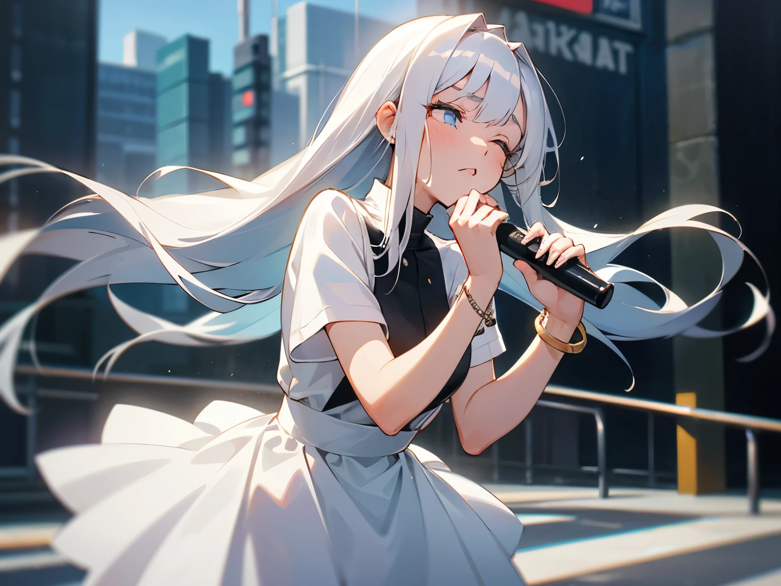 1 woman, platinum silver hair, long hair, shiny hair, holding a microphone in her right hand, singing with her eyes closed, flushed cheeks, double eyelids, city street, short-sleeved white dress, bracelet, sad expression, Sunny, bright sunlight, best quality, masterpiece, cool, 25 years old