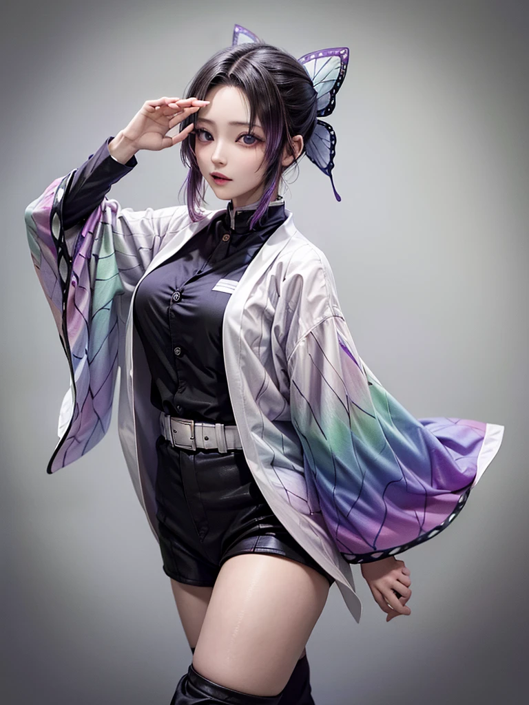 masterpiece, Highest quality, High resolution, One girl, alone, kochou shinobu, Butterfly Hair Ornament, Purple eyes, Multicolored Hair, short hair, Parted bangs, Haori, Wide sleeves, Long sleeve, Black trousers, Black jacket, belt, Cowboy Shot, Have a weapon, sword