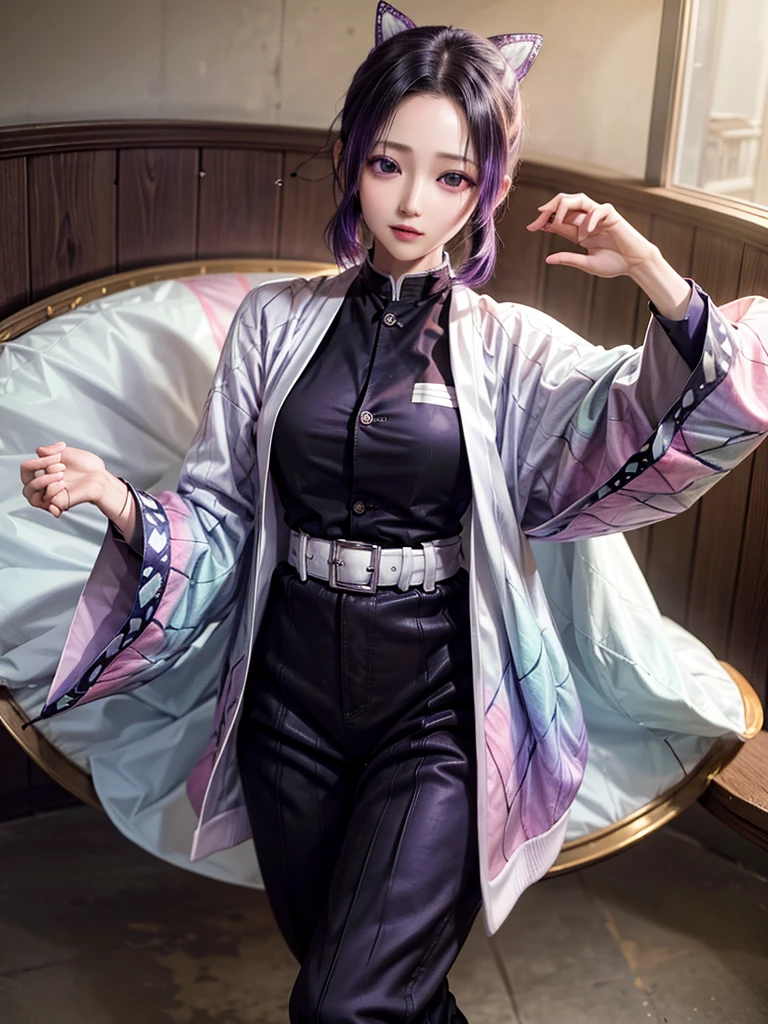 masterpiece, Highest quality, High resolution, One girl, alone, kochou shinobu, Butterfly Hair Ornament, Purple eyes, Multicolored Hair, short hair, Parted bangs, Haori, Wide sleeves, Long sleeve, Black trousers, Black jacket, belt, Cowboy Shot, Have a weapon, sword