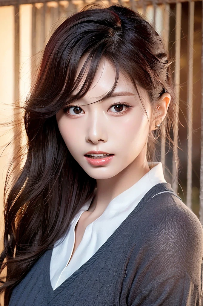 Highest quality, masterpiece, Ultra-high resolution, (photoRealistic:1.4), RAW Photos,One girl, alone, Realistic, lips, Black Hair, View your viewers, Iris, teeth, Long Hair, Hair on one eye, parted lips, nose, close, Black Hair, School classroom