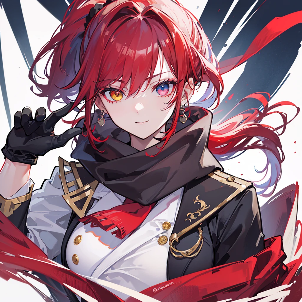 Face Focus , ((Highest quality)), ((Tabletop)), Perfect Face, Official Art,,Beautiful Face,Earrings,((((Crimson hair)))),heterochromia , ((right yellow eye)) , ((left blue eye)),(((Odd Eye))),Textured skin, Ultra high definition, Very detailed, ((((Blazer Uniform)))), ((((Close-up)))),((((One girl)))), Gauze, Simple Background, earrings,Wet Hair, ((((((Face-up)))))),bangs,((((solo)))), Close your mouth, Bangs between the eyes, choker,first round,((((ponytail)))),smile,Ahoge Sideburns, (((Red scarf))),((((black gloves)))),big breast