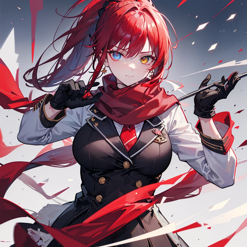 Face Focus , ((Highest quality)), ((Tabletop)), Perfect Face, Official Art,,Beautiful Face,Earrings,((((Crimson hair)))),heterochromia , ((right yellow eye)) , ((left blue eye)),(((Odd Eye))),Textured skin, Ultra high definition, Very detailed, ((((Blazer Uniform)))), ((((Close-up)))),((((One girl)))), Gauze, Simple Background, earrings,Wet Hair, ((((((Face-up)))))),bangs,((((solo)))), Close your mouth, Bangs between the eyes, choker,first round,((((ponytail)))),smile,Ahoge Sideburns, (((Red scarf))),((((black gloves)))),big breast