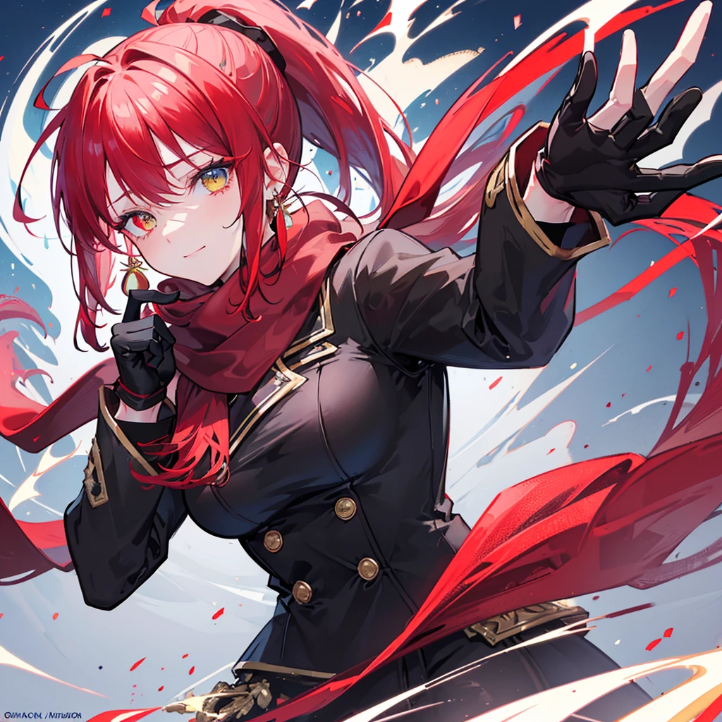 Face Focus , ((Highest quality)), ((Tabletop)), Perfect Face, Official Art,,Beautiful Face,Earrings,((((Crimson hair)))),heterochromia , ((right yellow eye)) , ((left blue eye)),(((Odd Eye))),Textured skin, Ultra high definition, Very detailed, ((((Blazer Uniform)))), ((((Close-up)))),((((One girl)))), Gauze, Simple Background, earrings,Wet Hair, ((((((Face-up)))))),bangs,((((solo)))), Close your mouth, Bangs between the eyes, choker,first round,((((ponytail)))),smile,Ahoge Sideburns, (((Red scarf))),((((black gloves)))),big breast