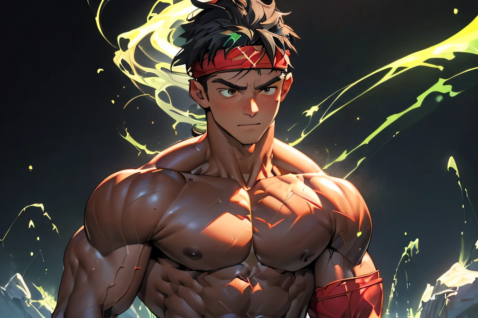 ((masterpiece, best quality)), (((((black background, deep night, upper body, looking away))))), (19 year old boy, worm eyes, Young boy, muscler, Shirtless, topless), ((((1boy, flesh, tough, reliable, developed body, blue and green aura effect, holding aura energy)))), (Dark Short straight hair, ((almost completely shaved hair)), under cut, brown eyes), (((red headband, black wristband))), Vivid colors, ((hot Abs:1.2, abs!, big abs, big breast:1.2, chest!, muscler upper arms)), muscler!, muscler body, detailed face, detailed muscle, (((rippling muscles, Flowing energy, giving off an aura of holy power, charging energy ball, electricity)))