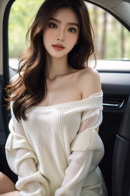 Top quality, RAW Photo, Highest Quality Image, 16K, Full body, Age 22 years old, Realistic, Photorealistic, Beautiful Asian woman, Sexy, body, White pale skin, Beautiful hair, Wavy hair, Brown Hair,, Short hairstyle, Detailed face, Detailed body, Detailed skin, Double eyelids, Big eyes, long eyelashes, bright eyes, green eyes, natural lips, detailed lips, Saggy breasts, Very Small breasts, Flat Breasts, long shape breasts, posing in her car, sunny day light , light through Aspen trees, wearing white shirt, Camera angle from below