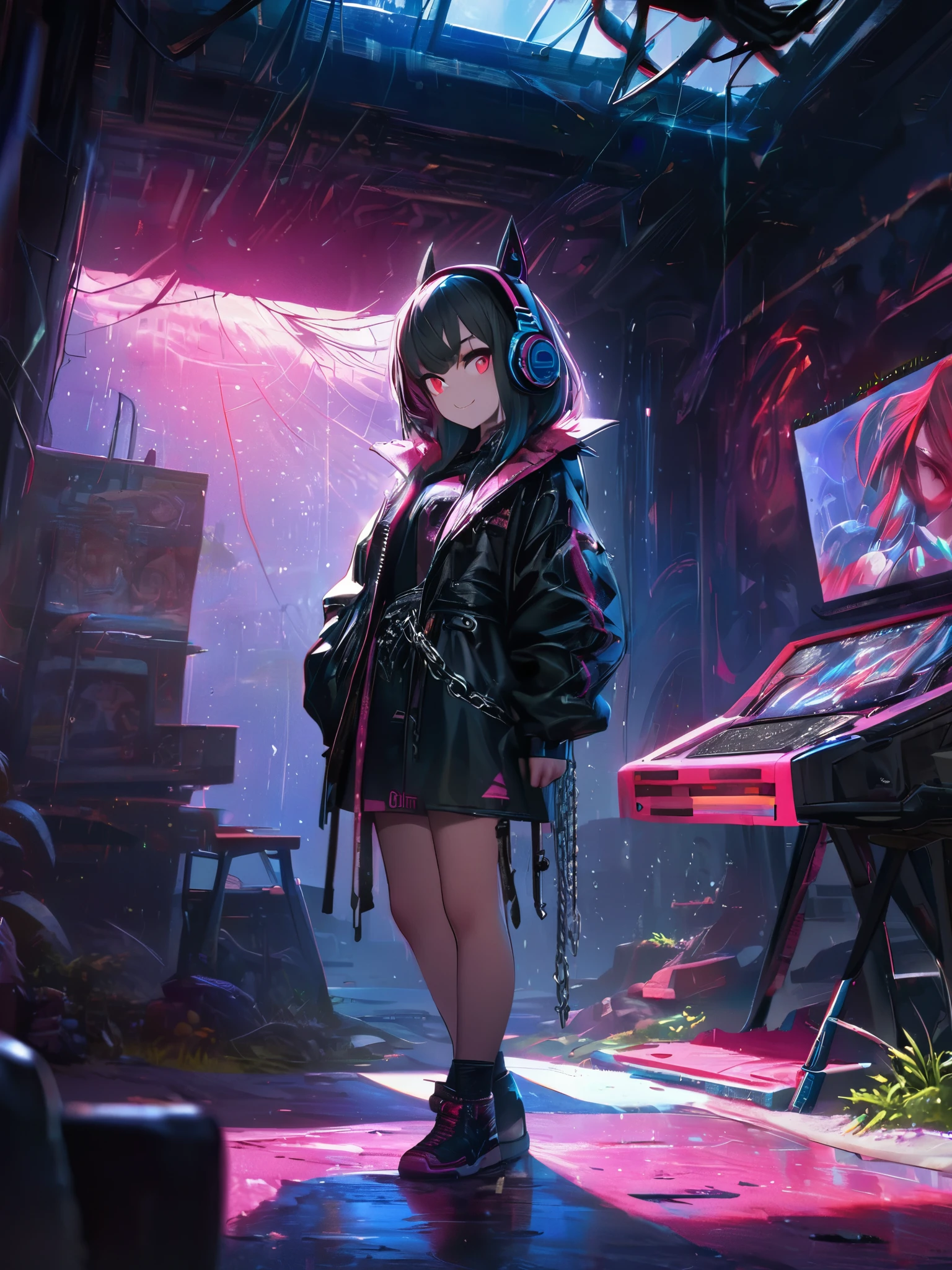 1 girl, chromatic aberration, Written boundary depth, Soft Light, masterpiece, Highest quality, complicated, Tone Mapping, Very detailed, Art Station, Concept Art, Smooth, Clear focus, Dramatic lighting, Very detailed artwork, movie, super practical painting, Art Station's trending, 8k, Incredible Shadows, practical, (Very detailed background:1.0), whole body, View, Viewers, Very detailed portrait of one girl 1, standing on street corner, Heavy rain and lightning、Dark Sky, neon and cyber punk background, she is dressed in punk clothing with silver chains and silver spikes, Her hair was dyed a bright black color.，The middle part is black, She is wearing headphones, Detailed red eyes with clear pupils, Ominous aura of light, smile, punk, ciber punk, Backlight.Her hair is neatly tied up.、Announcer talking about horses&#39;tail、smileが素敵