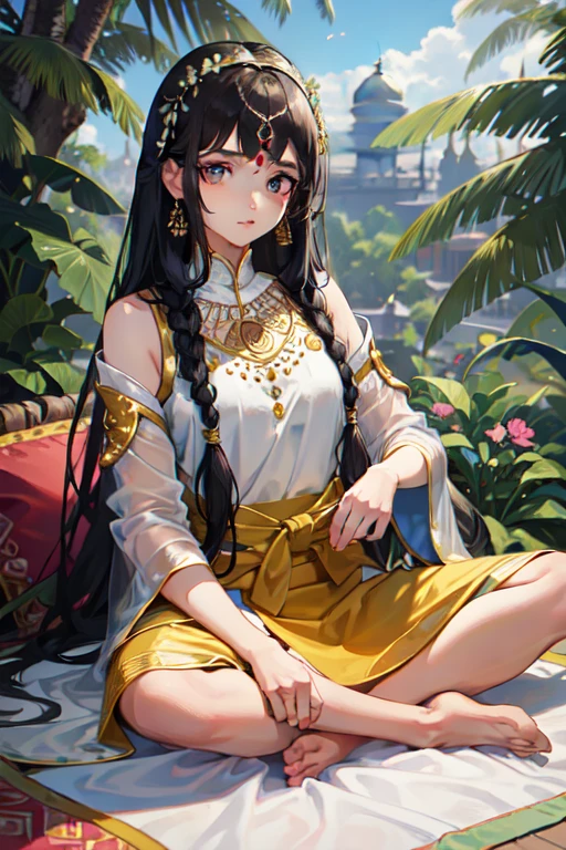 Beautiful Indian woman, adorned in traditional wear,
Dhoti kurta with intricate patterns, flat and loose,
Long grey hair, beautifully braided with flowers,
Eyes sparkling like diamonds under the blue sky,
Sitting with a photography pose amongst a lush green garden,
Vivid colors popping against the backdrop of the sunlit scene,
HD, 4K quality with bokeh for a dreamy, artistic effect,
Detailed face capturing the essence of Naina's serene beauty,
Best quality masterpiece, true to life and full of detail,
Clean lines emphasizing the simplicity and elegance of Indian culture.