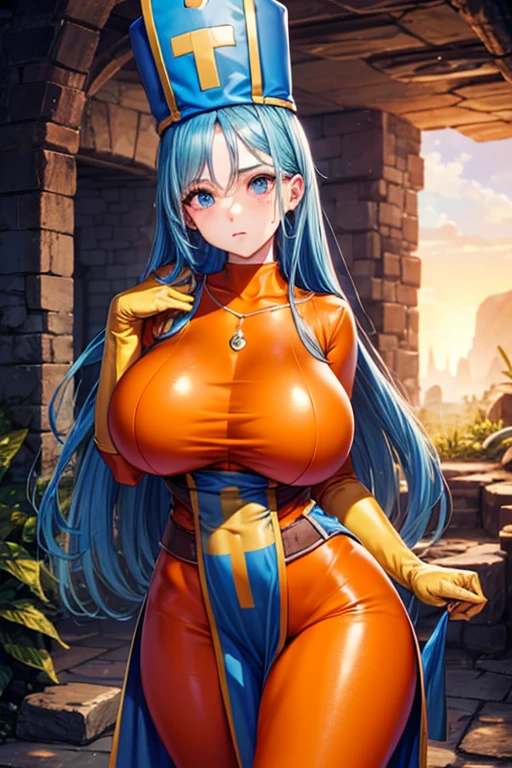 masterpiece, Highest quality,  Unreal Engine,  Super Resolution,  Very detailed, 

Beautiful woman, Dragon Quest Female Monk, long sky blue hair, Blue priest hat, Orange bodysuit, mitre, tabard, elbow gloves, Vivid expression, Healthy Body, Beautifully detailed sweat glands, Smooth skin texture, Carefully drawn, 

(humidity:1.5), (Hot Temperatures:1.5), Beautiful Eyes, (Attractive face:1.2), (Beautiful Skin), Tight waist, (Big Breasts), Round Breasts, (Sticky with sweat), Irresistibly sexy pose, 

In the world of Dragon Quest, (Inside the cave where you can see magma), 