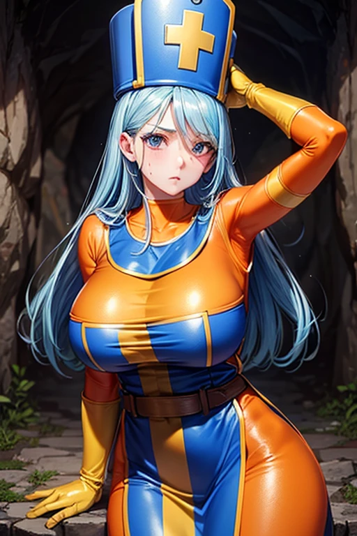 masterpiece, Highest quality,  Unreal Engine,  Super Resolution,  Very detailed, 

Beautiful woman, Dragon Quest Female Monk, long sky blue hair, Blue priest hat, Orange bodysuit, mitre, tabard, elbow gloves, Vivid expression, Healthy Body, Beautifully detailed sweat glands, Smooth skin texture, Carefully drawn, 

(humidity:1.5), (Hot Temperatures:1.5), Beautiful Eyes, (Attractive face:1.2), (Beautiful Skin), Tight waist, (Big Breasts), Round Breasts, (Sticky with sweat), Irresistibly sexy pose, 

In the world of Dragon Quest, (Inside the cave where you can see magma), 