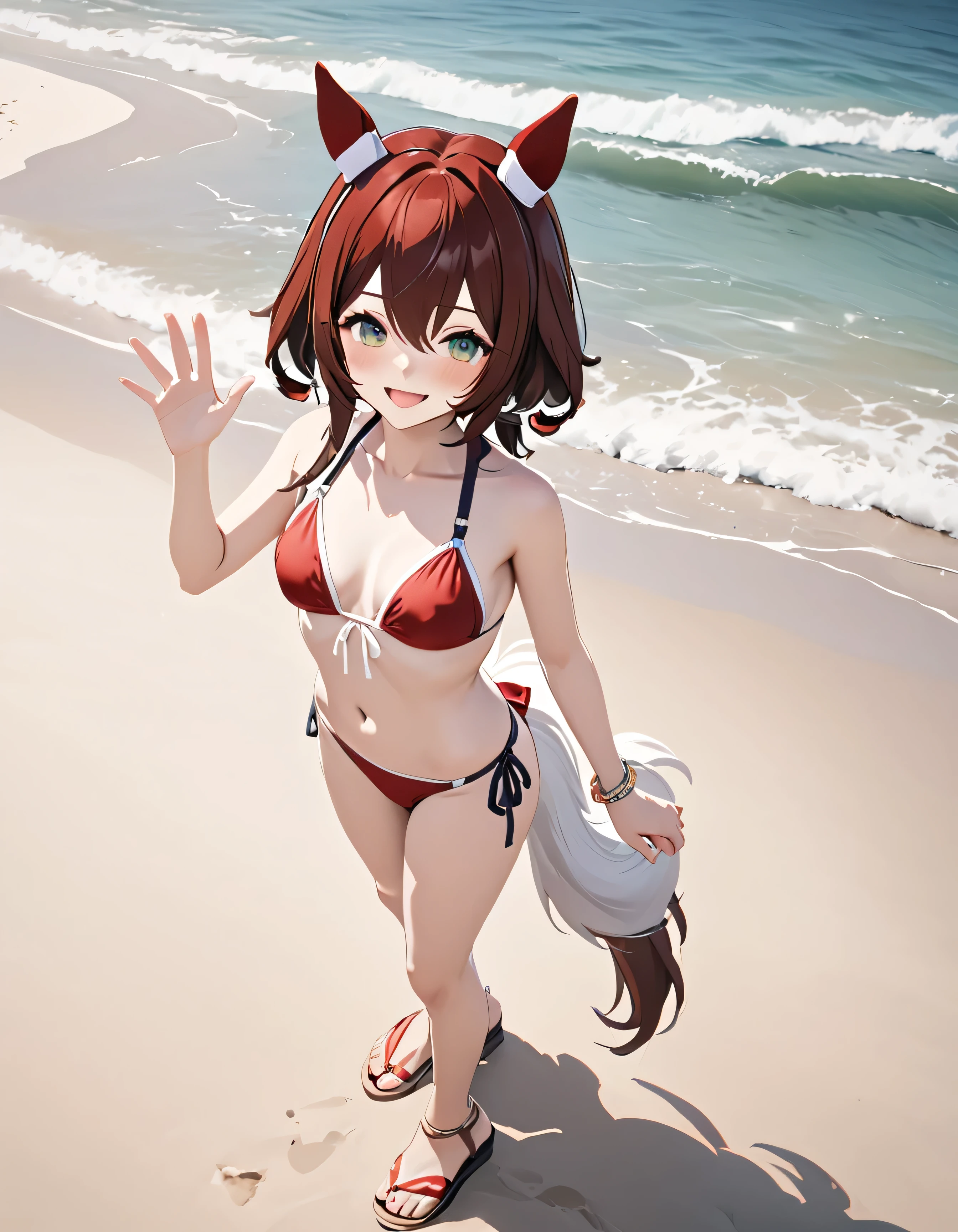 1girl,win_variation\(umamusume\),horse tail,horse ears, (((red bikini))),green sandals, horse tail,standing,full body,looking at viewer,waving,smile,closed eyes,open mouth,beach,sea,ai-generated,,beautiful eyes,masterpiece,best quality,highres,4k,8k,Sincos,Cute,Anime,Artist,