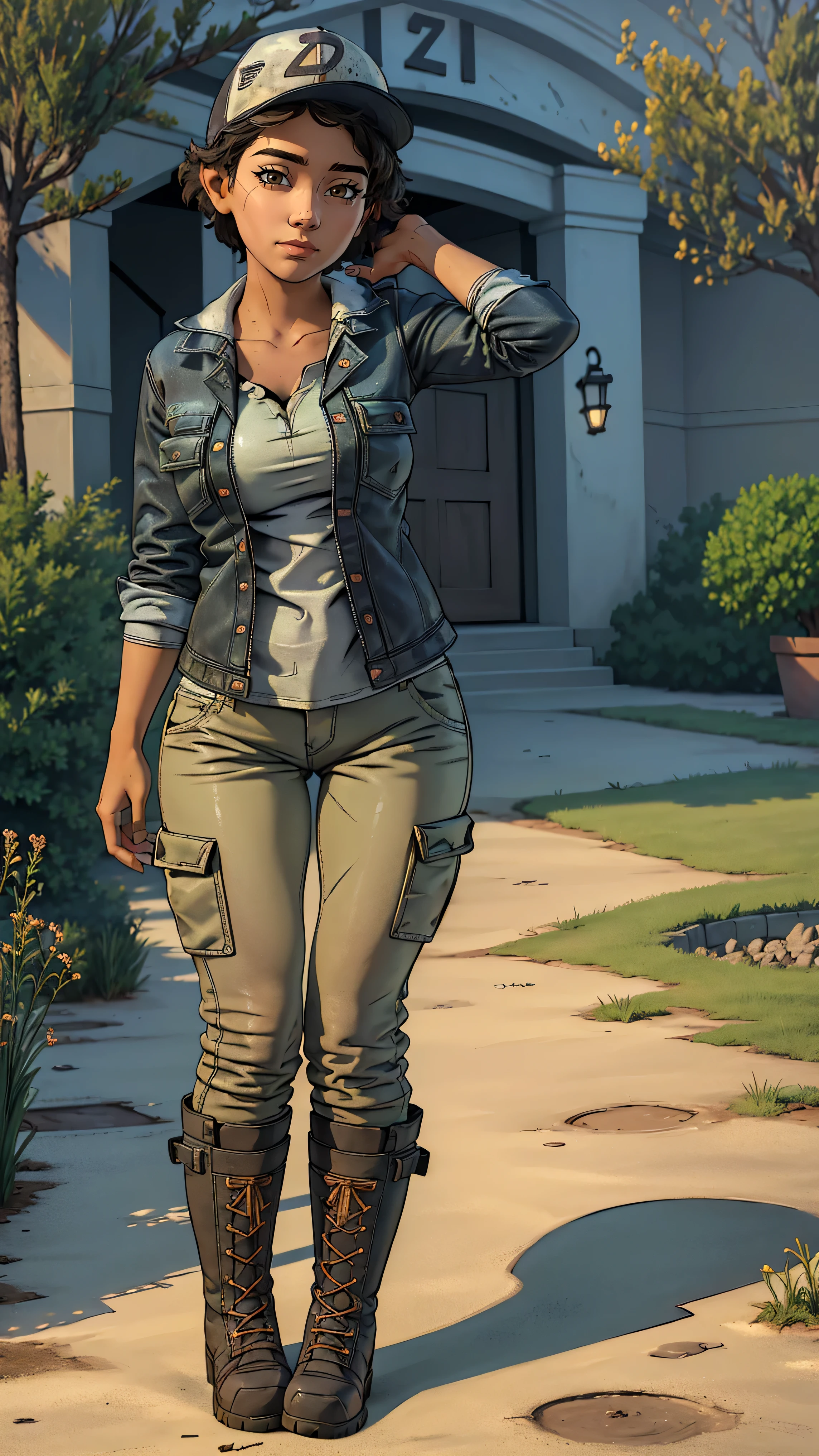 ((masterpiece, best quality)),(complex lighting) ,solo,(((1girl))) ,clementine, light skin,light-skinned female, baseball cap, green cargo pants, brown eyes, tight pants, combat boots, shirt, short hair, one short ponytail, open denim jacket, huge butt, thicc butt , (((8k))), (((full body))), (((bent over))), (((looking at the viewer))), (((view from in front of her))), big breasts