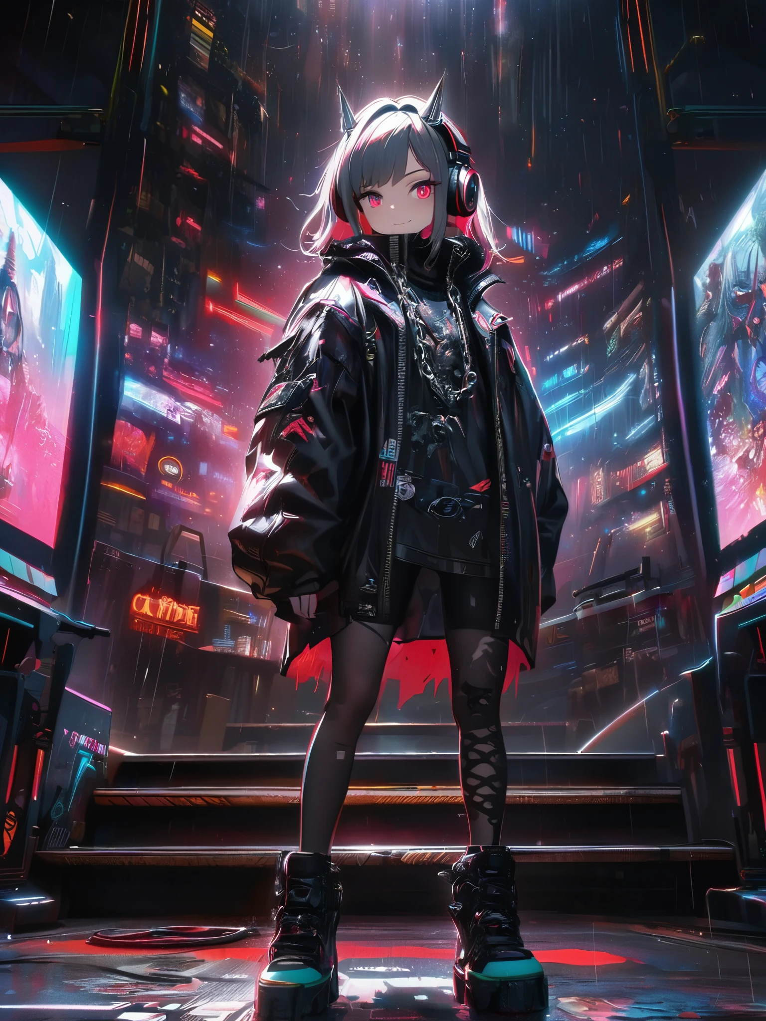 1 girl, chromatic aberration, Written boundary depth, Soft Light, masterpiece, Highest quality, complicated, Tone Mapping, Very detailed, Art Station, Concept Art, Smooth, Clear focus, Dramatic lighting, Very detailed artwork, movie, super practical painting, Art Station's trending, 8k, Incredible Shadows, practical, (Very detailed background:1.0), whole body, View, Viewers, Very detailed portrait of one girl 1, standing on street corner, Heavy rain and lightning、Dark Sky, neon and cyber punk background, she is dressed in punk clothing with silver chains and silver spikes, Her hair was dyed a bright black color.,The middle part is black, She wears headphones, Detailed red eyes with clear pupils, Ominous aura of light, smile, punk, ciber punk, BacklightNo knowledge of horses'tail、