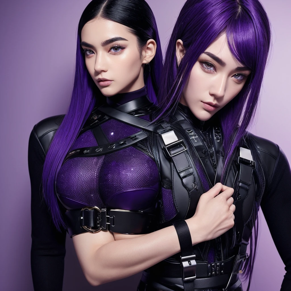 The best texture, high quality,boy,Highly detailed face, Golden Eyes, Long eyebrows, Fair skin, Black and purple hair,Straight hair to the shoulders,  Attention to detail, Ultra Clear,Black Techwear、Harness