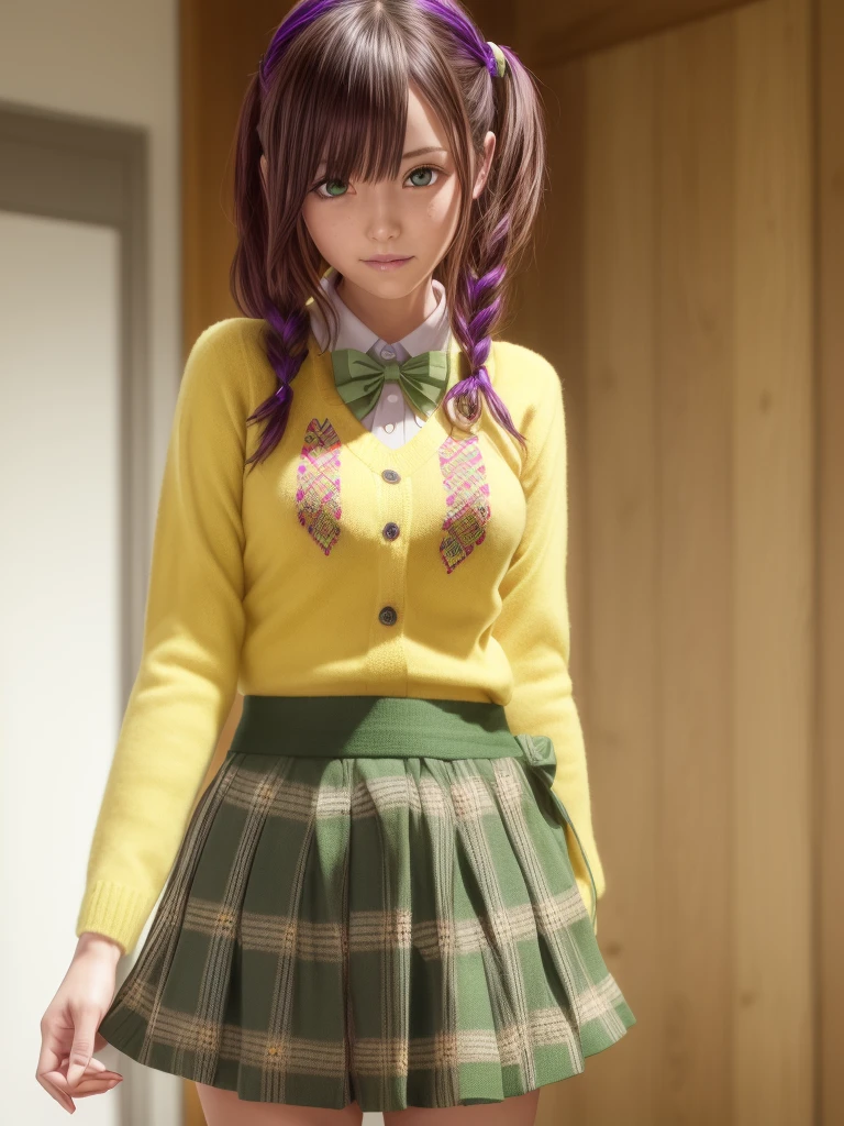Momodebilke, Deviluke Type, demon tail, Hair Flower, hair ornaments, (Purple eyes:1.1), Pink Hair, short hair, tail, smile,
break demon tail, green skirt, Plaid, Plaid skirt, Sainan High , , skirt, Sweater vest, Knee socks, (Yellow Sweater:1.5), Short sleeve, bow, (green bow:1.5),
break indoors, classroom,
break looking at viewer, (Cowboy Shot:1.5),
break (masterpiece:1.2), Highest quality, High resolution, unity 8k wallpaper, (figure:0.8), (beautiful detailed eyes:1.6), extremely detailed face, Perfect lighting, extremely detailed CG, (Perfect hands, Perfect Anatomy),
