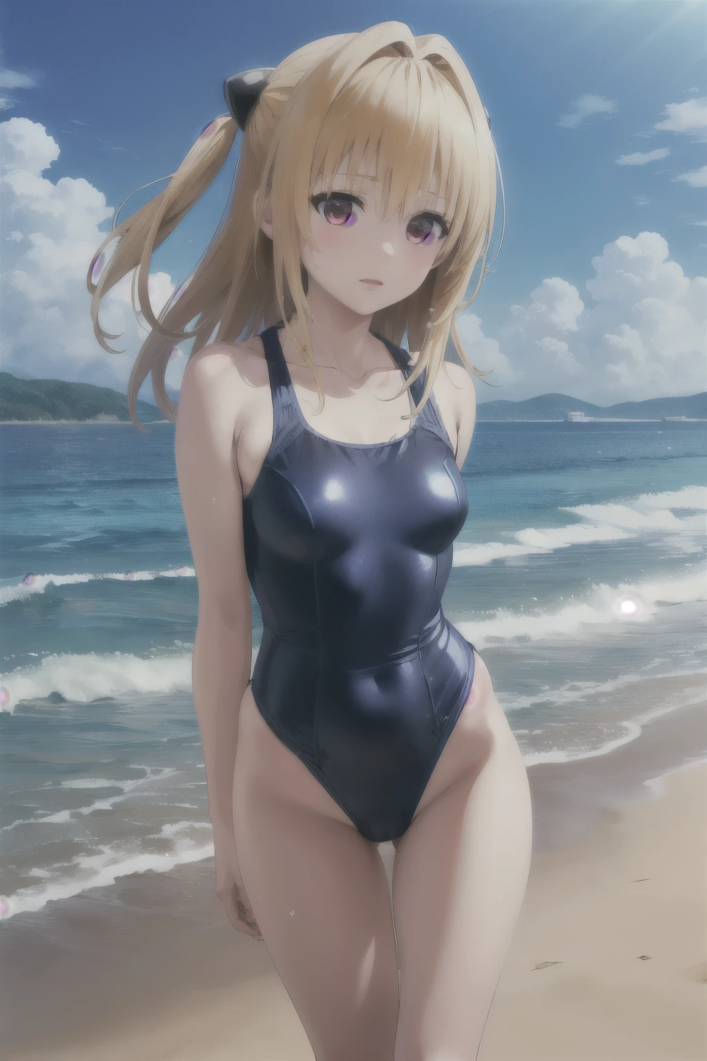 (NSFW:1.1), masterpiece, Highest quality, Ultra-high resolution, Highest Resolution, Very detailed,  whole body, thin, very cute,、Complete limbs、Shining Eyes、Full Finger、Slender beauty、Blonde, Bun Hair、Embarrassed look、Writhing expression、Pink、Wear a school swimsuit、Glowing Skin、Knee-length、beach, tree