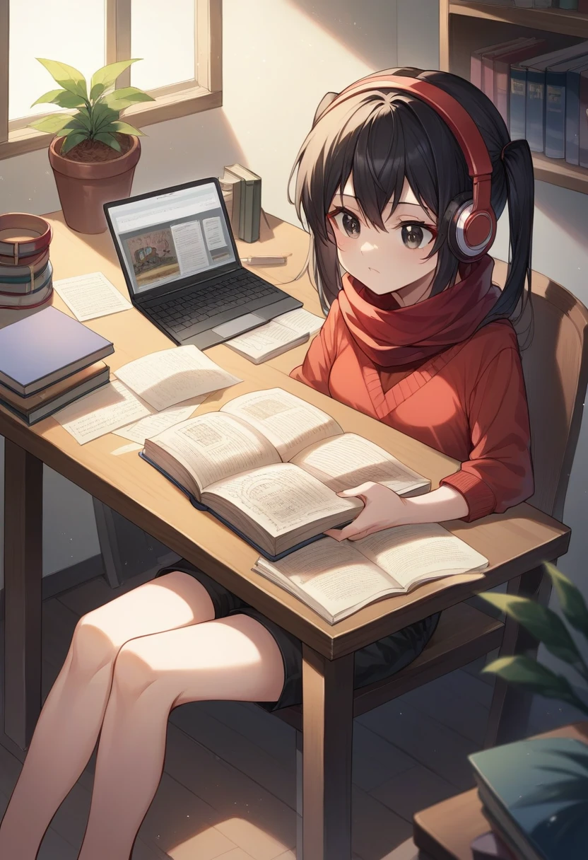 ((Highest quality)), ((masterpiece)), ((Ultra-high resolution)), ((Very detailed)), (Anime girl sitting at a desk with a laptop and headphones), (Red color sweater), (Black shorts), (Red scarf with black stripes), (Black hair twin tails), (avert your eyes:1.4), Cute eyes, Potted plants, Book, Bookhelf, Book, Bookhelf, night, digital Anime illustration, Keyframe illustration, Gwaites style artwork, Makoto Shinkai&#39;Art Style, Portrait of Roffey, Digital anime art, Makoto Shinkai style, lo-fi girl, (Sit at a desk and type on a keyboard), Anime-style illustrations, ロフィArt Style, Anime illustration