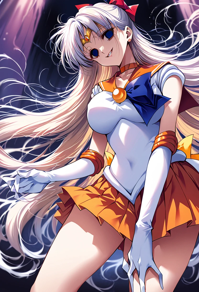 (masterpiece, Highest quality, so beautiful, Super detailed), Intricate details, 12k, Honestly,aavenus, long hair, blonde hair, hair bow, tiara, earrings, Blue eyes, orange choker, orange sailor collar, blue bow, white shirt, elbow gloves, white gloves, pleated skirt, Orange Skirt, bare legs, standing, Cowboy Shot,,(evil smile:1.2), 1girl,(Silver Hair:1.4),(empty eyes,:1.4),from below,looking dawn,dark aura,View your viewers,Big Breasts