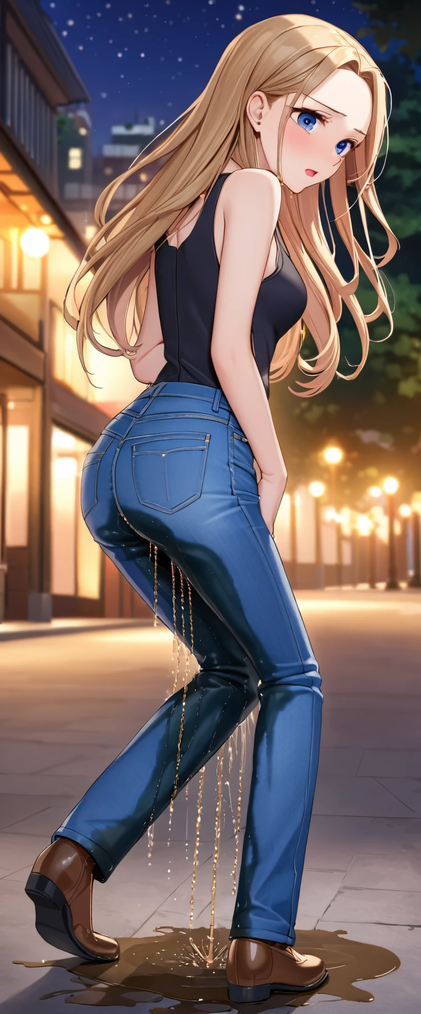 ((best quality, masterpiece:1.3, 8K)), (detailed), highly detailed face and skin texture, detailed eyes, full body, (from behind:1.5), outdoor night, (slender body:1.1), 1girl, (solo), (18+ years old), white skin, bright lips, worried, embarrassed, panicking, long hair, (forehead:1.0), (glam outfit:1.2), medium breast, (jeans pants:1.5, blue jeans:1.5), (((wetting herself:1.8))), desperation:1.2,