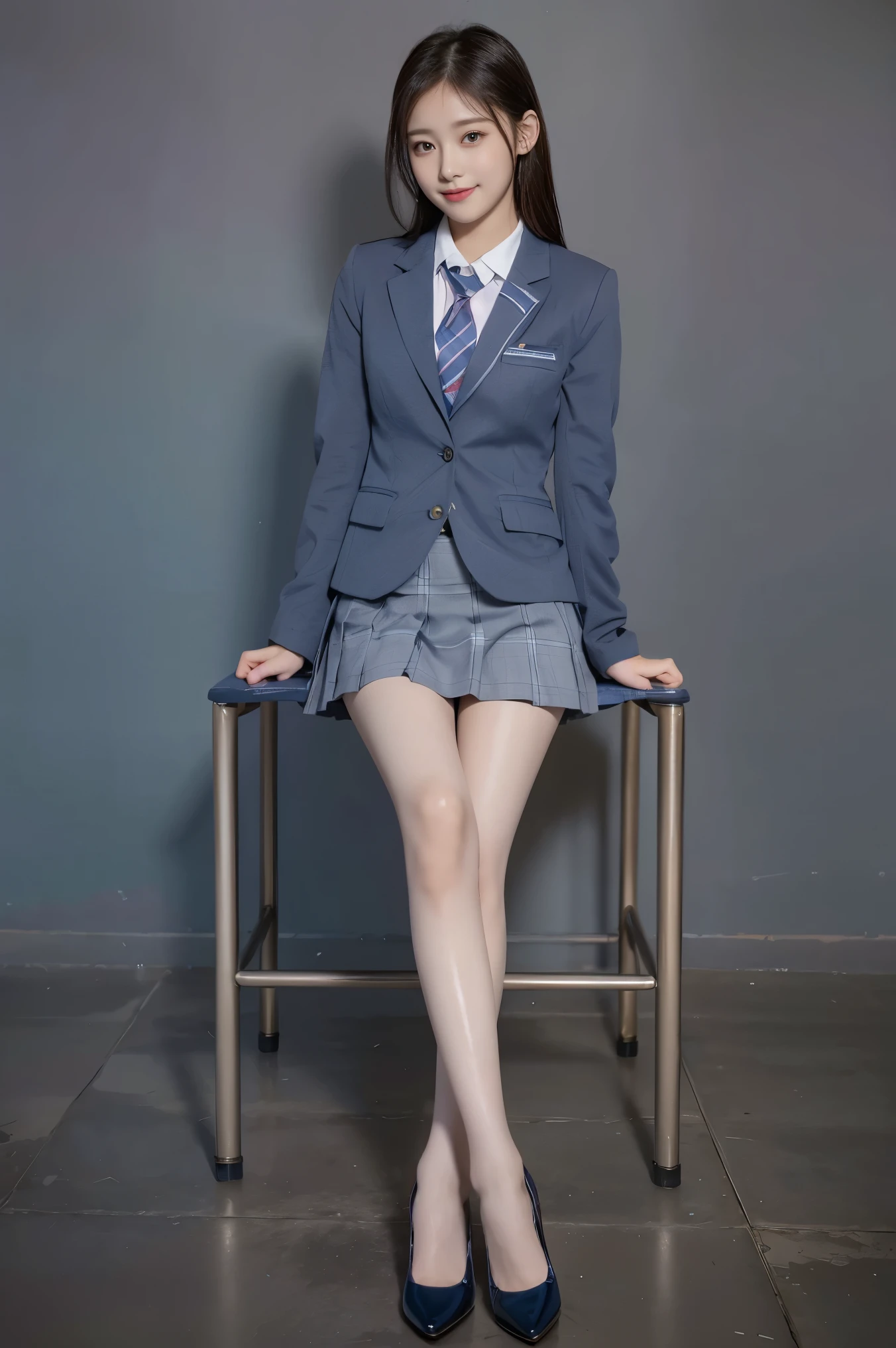 (8k), (highest quality: 1.2), (Realistic), (Realistic: 1.37), Ultra-high resolution, (1 girl), cute, blush,Embarrassed smile, Beautiful details, Beautiful Nose, straight Hair, Giant Dulcefo, pork, Thighs，Self Snap,University Uniforms,(A simple dark blue blazer:1.4),(Pleated skirt:1.2),(The skirt and tie are gray tartan check pattern.:1.3),(Sitting:1), Sit on the ground,(Hold my feet:1),(Shiny legs:1.2),from the front,knees