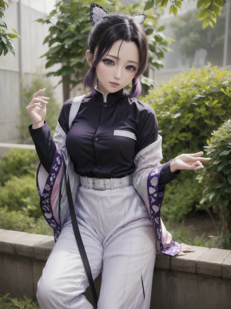 masterpiece, Highest quality, High resolution, One girl, alone, kochou shinobu, Butterfly Hair Ornament, Purple eyes, Multicolored Hair, short hair, Parted bangs, Haori, Wide sleeves, Long sleeve, Black trousers, Black jacket, belt, Cowboy Shot, Have a weapon, sword