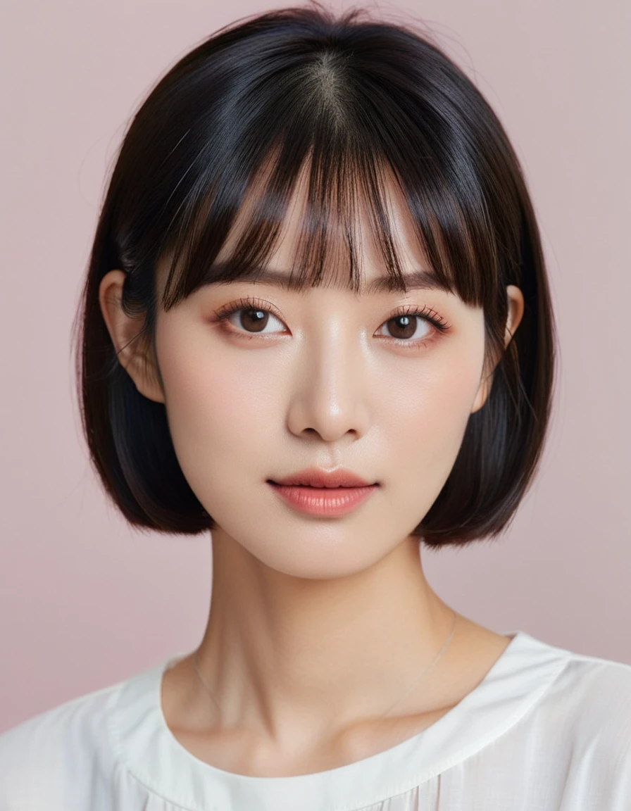 hyper-realistic portrait of a young Japanese woman, small and delicate facial features, smooth fair skin with a warm natural glow, traditional Japanese facial characteristics, slightly smaller and elongated almond-shaped eyes with double eyelids and dark brown irises, subtle epicanthic fold, short straight black hair styled in a sharp, sleek bob with blunt bangs, soft natural makeup with light pink blush and subtle pink lips, oval face shape with a small and defined nose, gentle and soft smile, wearing a simple and elegant white blouse, soft ambient lighting, minimalistic background, ultra-detailed textures, photorealistic, 8k, sharp focus and stunning clarity, vibrant yet natural colors, high-quality cinematic style