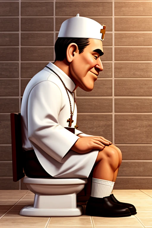 caricature of catholic priest sitting on bathroom toilet, side view