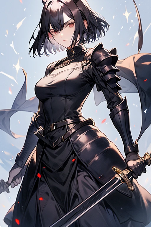 black hair, plainclothes sword, armor dress, big tits, masterpiece, highest quality, holding a sword, gray eyes