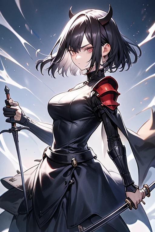 black hair, plainclothes sword, armor dress, big tits, masterpiece, highest quality, holding a sword, gray eyes