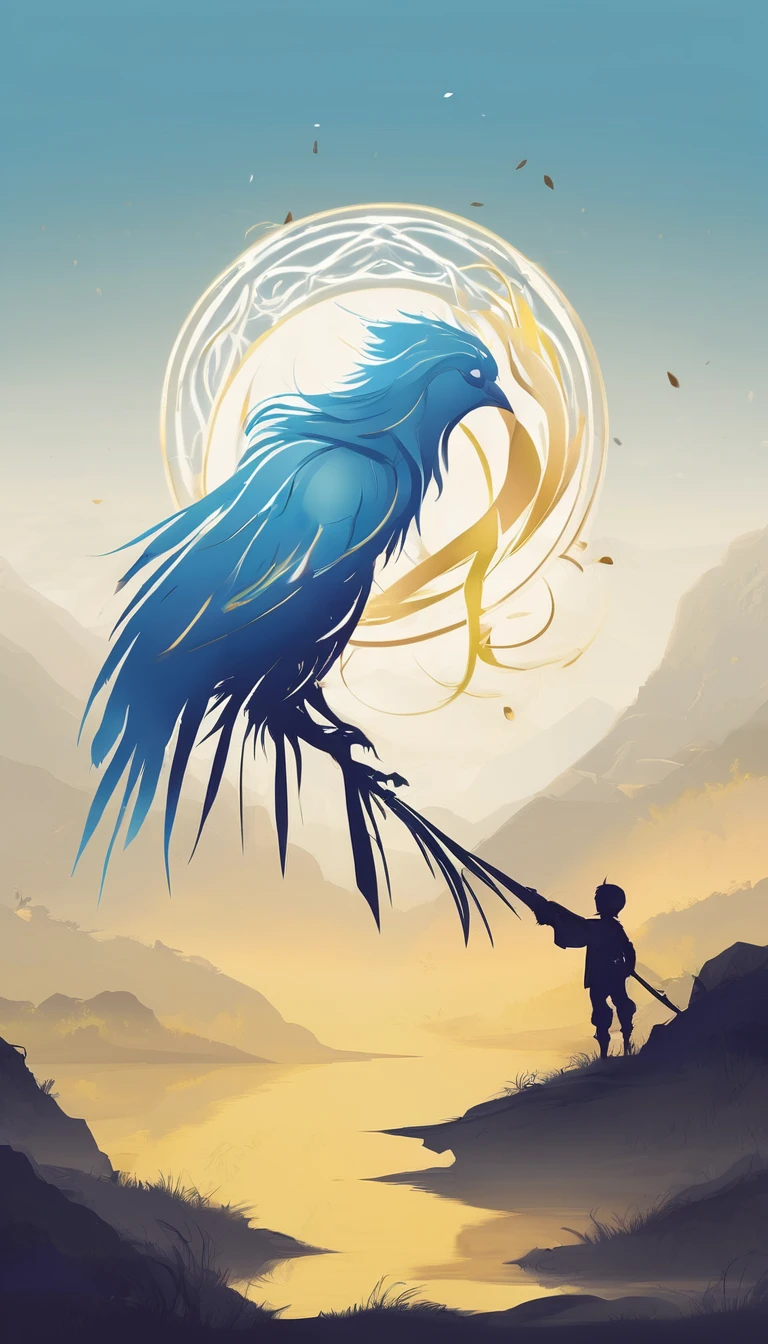 Create a minimalistic, simple, fantastic, easy to understand, logo design of a boy and a feather for an upcoming Fantasy Role Playing Game called " Penamemoria". The game is about a world full of bird and feathers. A boy enters that world and discovers his true artistic identity. Create a logo design that transmits the essence of this videogame. It´s a fantasy game, with fantasy elements. Create the logo in the center and a fantasy theme as background. Use the colours light blue, white, yellow golden in the logo. The logo design must convey a sense of fantasy, dreams, memories and music. Must convey a feeling of being a true Dreamer