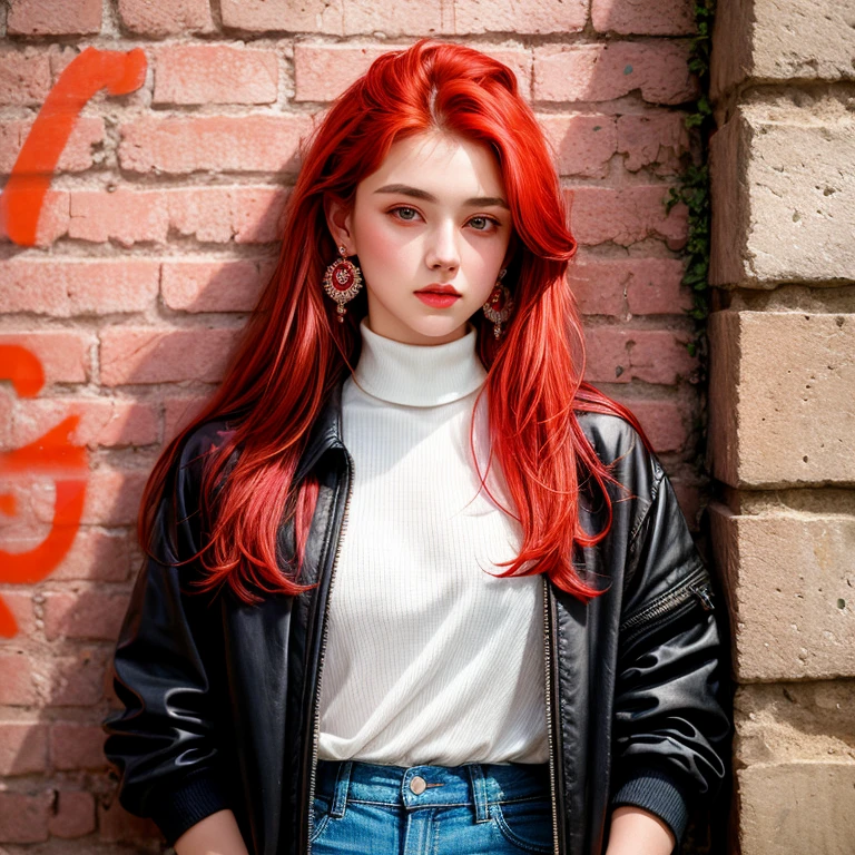 (masterpiece, Best Quality, 1 girl, Alone, intricate details, chromatic aberration), realist, ((medium breath)),by the wide, Red hair, red decoration on the head, pink highlights, amber eyes, earrings, sharp eyes, collar, neon shirt, ripped shorts, blossomed jacket, turtleneck, evening, against the wall, brick wall, Graffiti, dim lighting, alley, look at the viewer