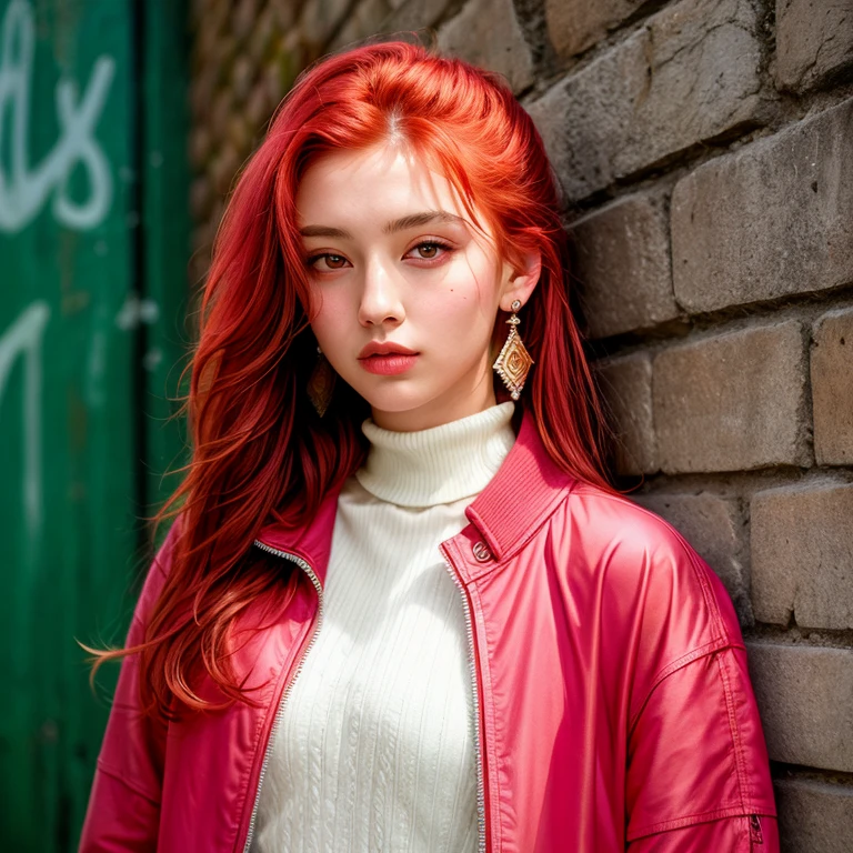 (masterpiece, Best Quality, 1 girl, Alone, intricate details, chromatic aberration), realist, ((medium breath)),by the wide, Red hair, red decoration on the head, pink highlights, amber eyes, earrings, sharp eyes, collar, neon shirt, ripped shorts, blossomed jacket, turtleneck, evening, against the wall, brick wall, Graffiti, dim lighting, alley, look at the viewer