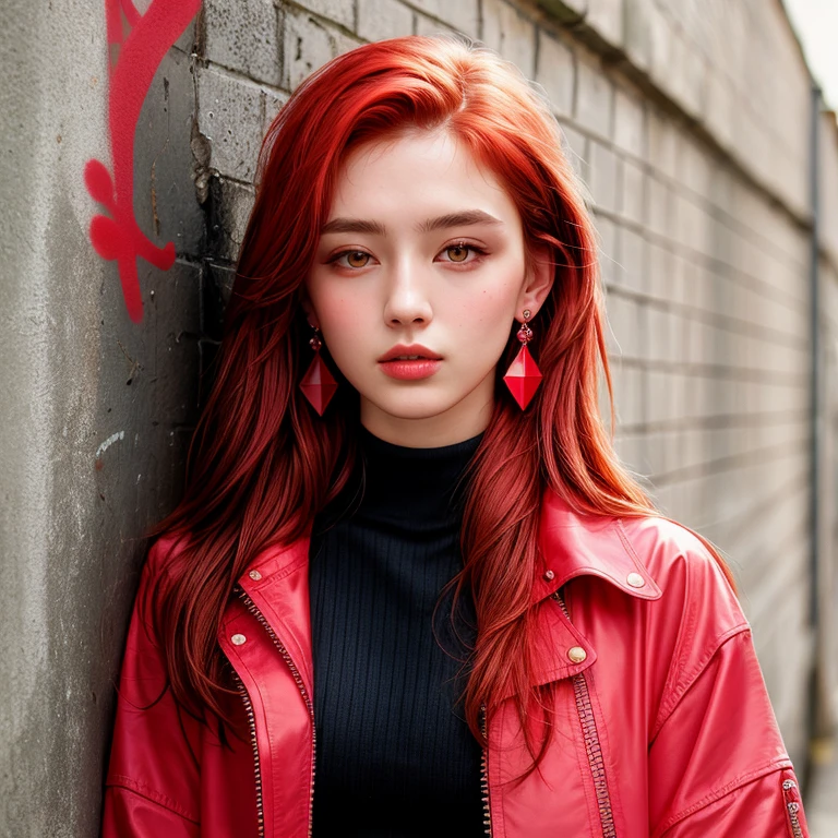 (masterpiece, Best Quality, 1 girl, Alone, intricate details, chromatic aberration), realist, ((medium breath)),by the wide, Red hair, red decoration on the head, pink highlights, amber eyes, earrings, sharp eyes, collar, neon shirt, ripped shorts, blossomed jacket, turtleneck, evening, against the wall, brick wall, Graffiti, dim lighting, alley, look at the viewer