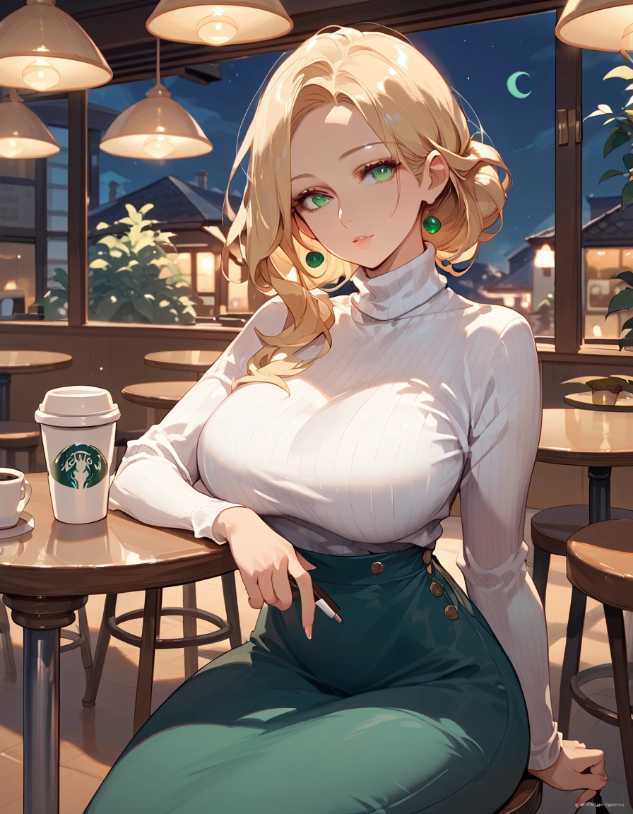 (score_9,score_8_up,score_7_up),1woman,solo,source_anime,mature,big sister,middle age,blonde hair,green eyes,wide hips, large breasts,looking at viewer, sitting on a stool, cafe table, holding coffee cup, white turtleneck, night time, hazy lighting