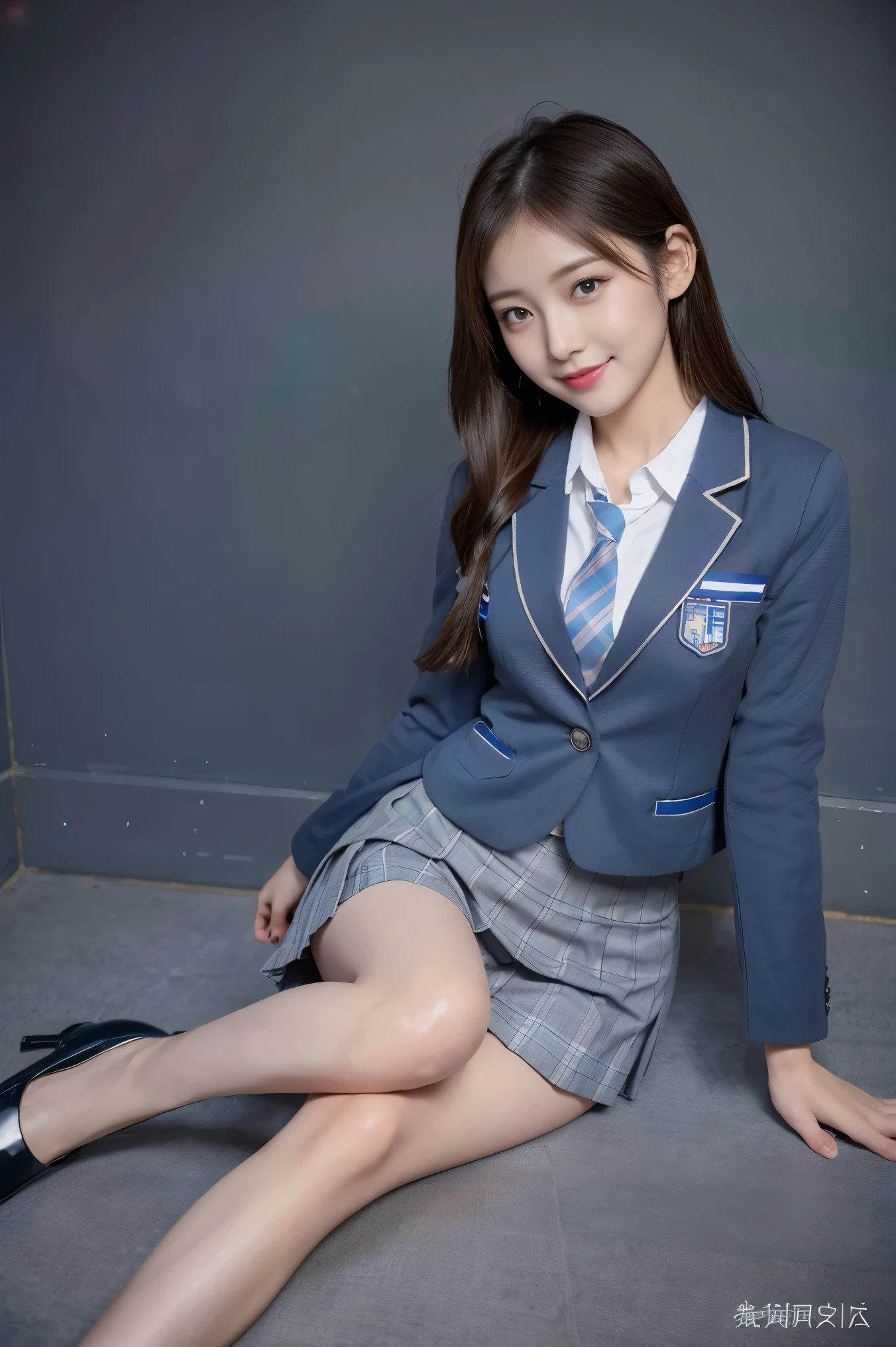 (8k), (highest quality: 1.2), (Realistic), (Realistic: 1.37), Ultra-high resolution, (1 girl), cute, blush,Embarrassed smile, Beautiful details, Beautiful Nose, straight Hair, Giant Dulcefo, pork, Thighs，Self Snap,University Uniforms,(A simple dark blue blazer:1.4),(Pleated skirt:1.2),(The skirt and tie are gray tartan check pattern.:1.3),(Sitting:1), Sit on the ground,(Hold my feet:1),(Shiny legs:1.2),from the front,knees