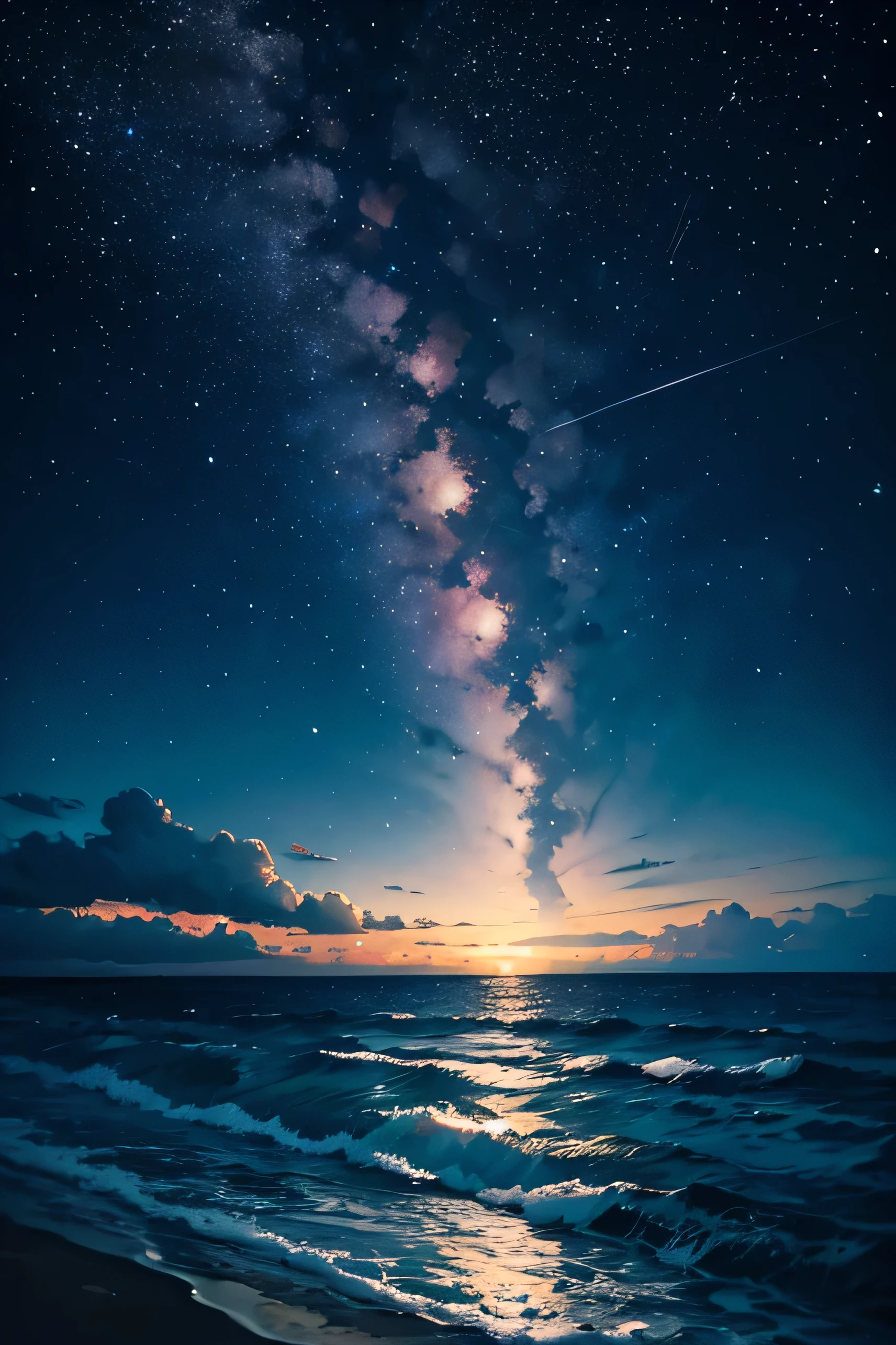 The sea at night reflects the starry sky,landscape