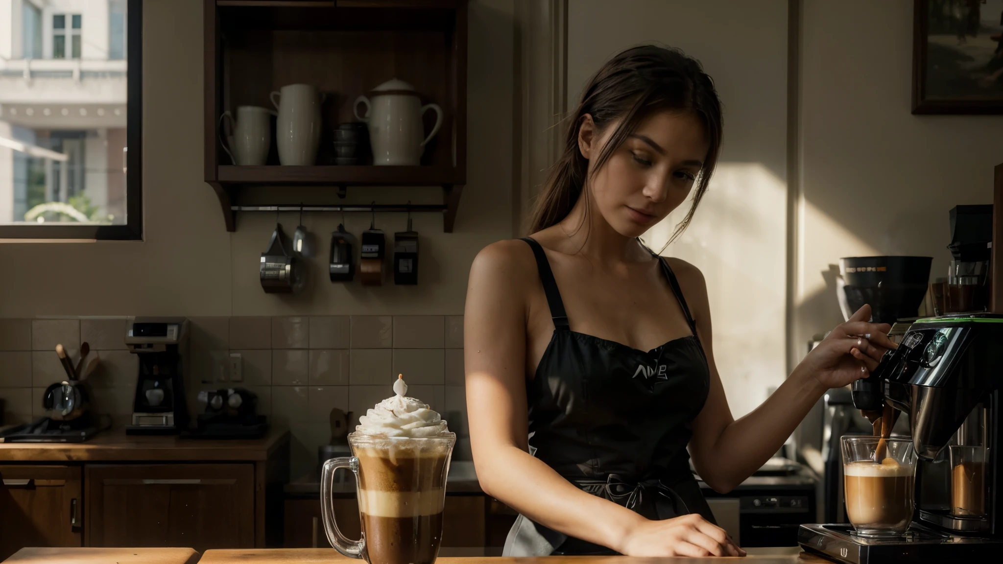 ((very sharp photo result, hyper realistic photo)) (((Best Quality))), (((masterpiece))), (((Ultra-detailed CG))),(((magical ))) an artsy edgy cafe barista corner table with coffee maker machine that steam and a cup of hot coffee, lime green dominated color, in foreground there`s a silhouette of a backlight pretty barista naked only wearing an apron, she is preparing the freshcoffee, shade photography, shadow & light, UHD, Shot on : sony a7 | fe 35mm f1.8
