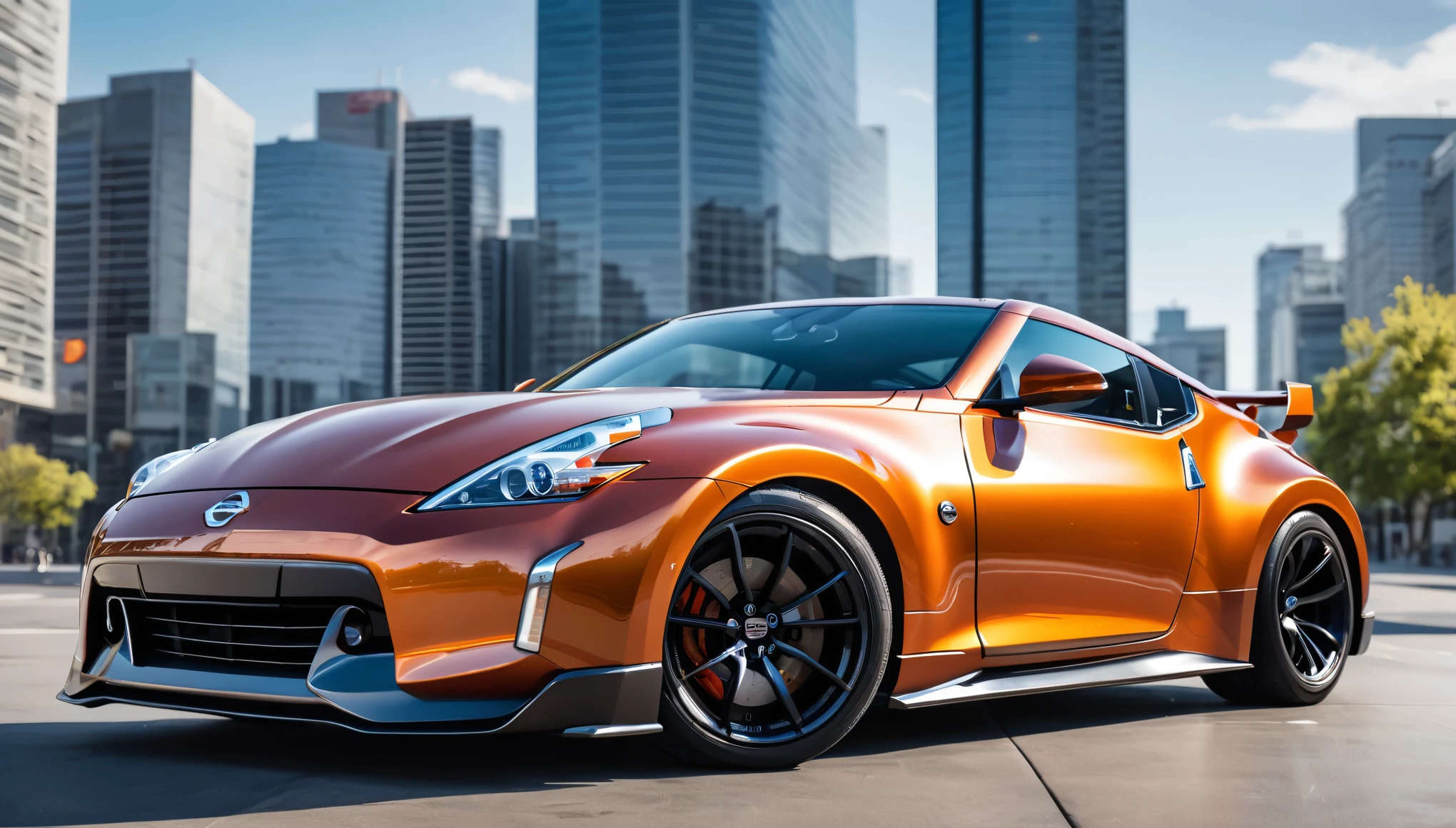 a detailed photo of a Nissan Fairlady Z sports car in a daytime cityscape, ultra-detailed, 8k, photorealistic, dramatic lighting, vibrant colors, modern architecture, busy street, pedestrians, glass skyscrapers, reflections, sunlight