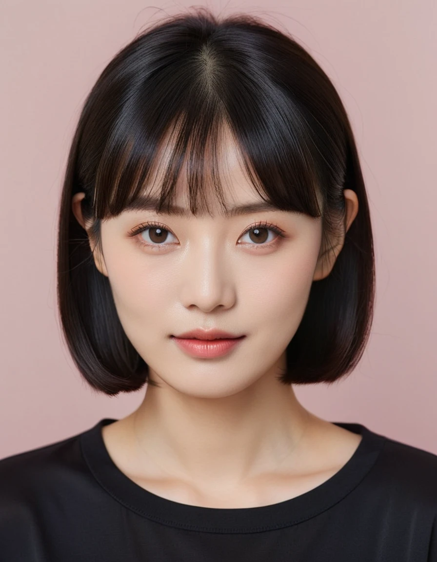 hyper-realistic portrait of a young Japanese woman, delicate and subtle facial features, smooth fair skin with a soft and warm natural glow, traditional Japanese facial characteristics, slightly smaller and naturally elongated almond-shaped eyes with double eyelids and dark brown irises, subtle epicanthic fold, short straight black hair styled in a sleek and sharp bob with blunt bangs, soft and natural makeup with light pink blush and subtle pink lips, oval face shape with a small and defined nose, gentle and soft smile, calm and serene expression, wearing a simple and elegant white blouse, soft ambient lighting, minimalistic background, ultra-detai