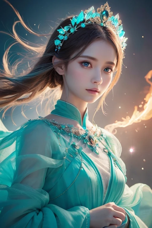 This is a realistic fantasy art piece featuring a realistic Goddess of Light, Beautiful fractal art,A faint swirl of smoke, And the beautiful Nordic goddess makes for an interesting composition.。. Her face is expertly sculpted, Elegant and sophisticated features with perfect shading and realistic skin texture. Her upper body (Turquoise and baby pink eyes) is a wonderful thing、Her aura of light is the focal point of this image.. (Her eyes are extremely detailed, Beautiful attention to detail, macro). 彼女 eyes feature intricate detailing with clearly defined irises and bright sclera. She is wearing a long, skin-covering dress with a classic pattern.,Long sleeve,詳細で宝stoneで作られたドレス,soft lips are smooth and very puffy, Her skin is pale flushed and adorned with gorgeous classical patterns.. 彼女 long gown is stunning and expensive, Made of pure ice and shining light,光の中できらめく華やかな宝stone. 彼女 billowing gown glitters from the flames and features a delicately and intricately embroidered bodice with wisps of flames running across it. Include fantasy elements such as bumps, stone, Fiery Iris, silk, And an interesting background. Include magical creatures such as birds and butterflies that give off a magical and mystical aura.. Lighting: Enhance your artwork with the latest lighting trends. camera: Use dynamic composition to create tension and excitement. Take inspiration from current masters of the fantasy genre, Including popular artists on Artstation and Midjourney. ((masterpiece))