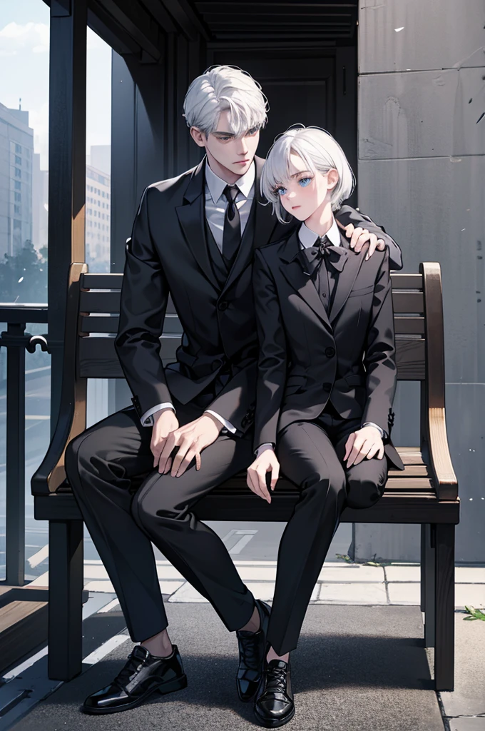 a boy with white hair, blue eyes, wearing a black coat, white shirt, black tie, black pants, and sneakers, sitting on a bench outdoors, (best quality,4k,8k,highres,masterpiece:1.2),ultra-detailed,(realistic,photorealistic,photo-realistic:1.37),highly detailed face, beautiful detailed eyes, beautiful detailed lips, extremely detailed eyes and face, long eyelashes, full body shot, natural lighting, outdoor scene, cinematic, dramatic, moody, atmospheric