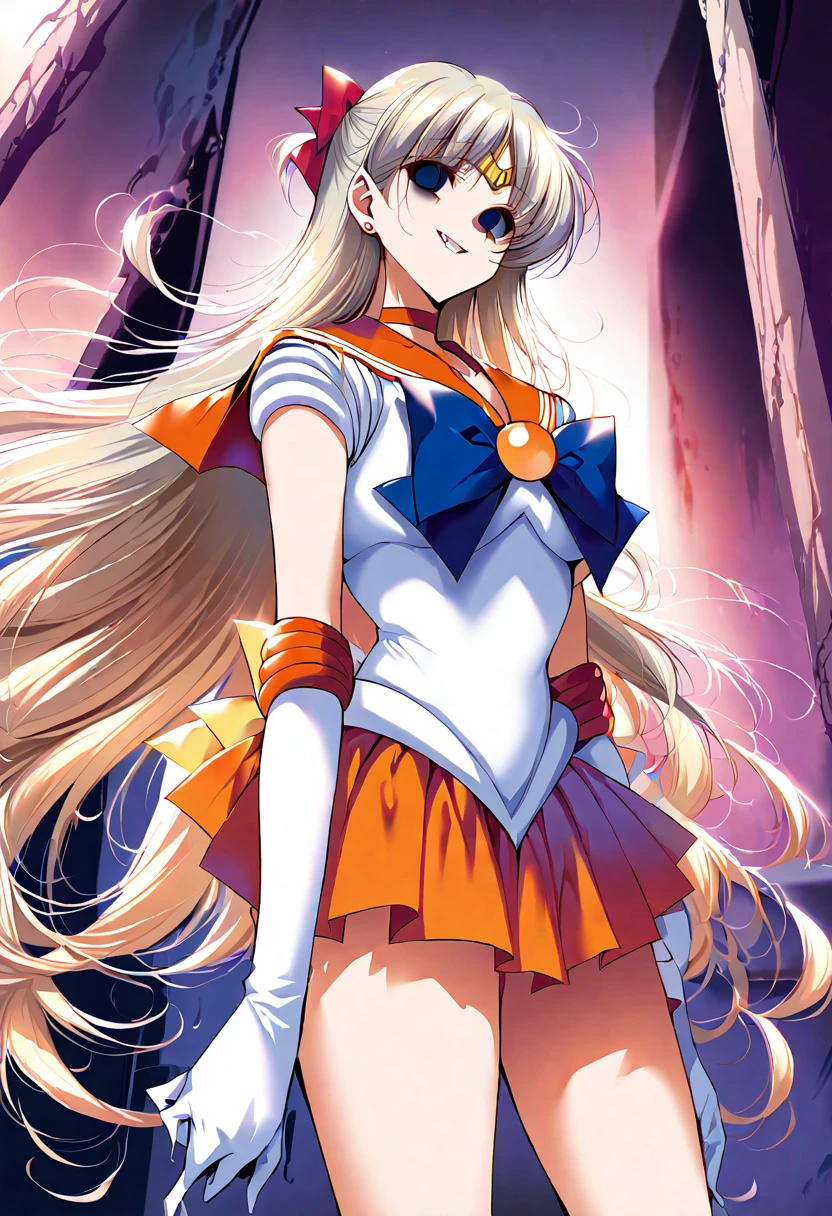 (masterpiece, Highest quality, so beautiful, Super detailed), Intricate details, 12k, Honestly,aavenus, long hair, blonde hair, hair bow, tiara, earrings, Blue eyes, orange choker, orange sailor collar, blue bow, white shirt, elbow gloves, white gloves, pleated skirt, Orange Skirt, bare legs, standing, Cowboy Shot,,(evil smile:1.2), 1girl,(Silver Hair:1.4),(empty eyes,:1.4),from below,looking dawn,dark aura,View your viewers,Big Breasts