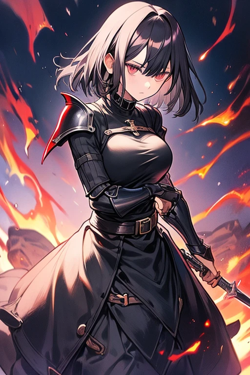 black hair, plainclothes sword, armor dress, big tits, masterpiece, highest quality, holding a sword, gray eyes