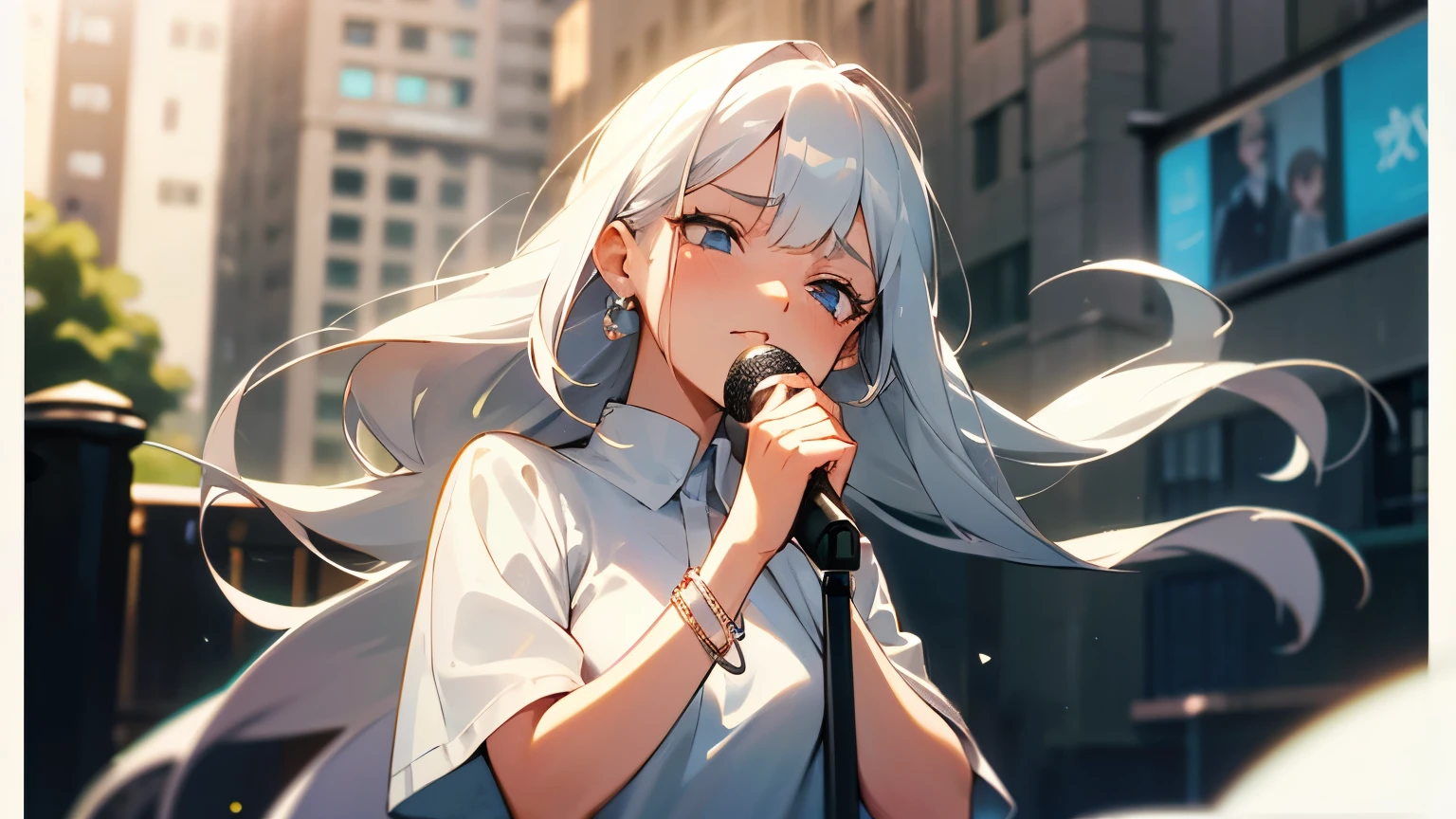 1 woman, platinum silver hair, long hair, shiny hair, holding a microphone in her right hand, singing with her eyes closed, flushed cheeks, double eyelids, city street, short-sleeved white dress, bracelet, sad expression, Sunny, bright sunlight, best image quality, ((masterpiece)), cool, 25 years old, glossy skin, upper body