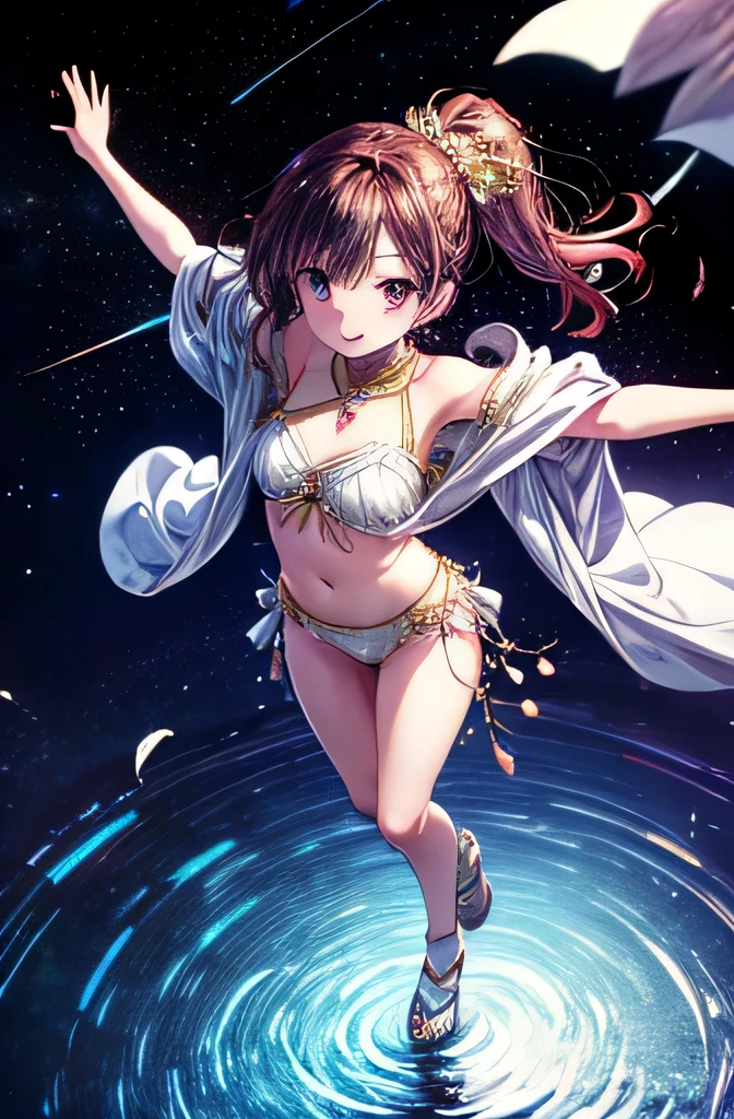 masterpiece, anime, cute, romantic, Highest quality, One Woman,Arabian dancer costume,A costume with lots of blue jewels,Thin gold thread accessories,Thin feather robe,Belly out,Shoulder Bare,sexy,Dancing on the water with arms outstretched, Beautiful legs,Strong winds,smile, universe space,Chizuru Ichinose,Highest quality,Highest Resolution,Detailed Background,wallpaper,From above, whole body,Lean your upper body forward