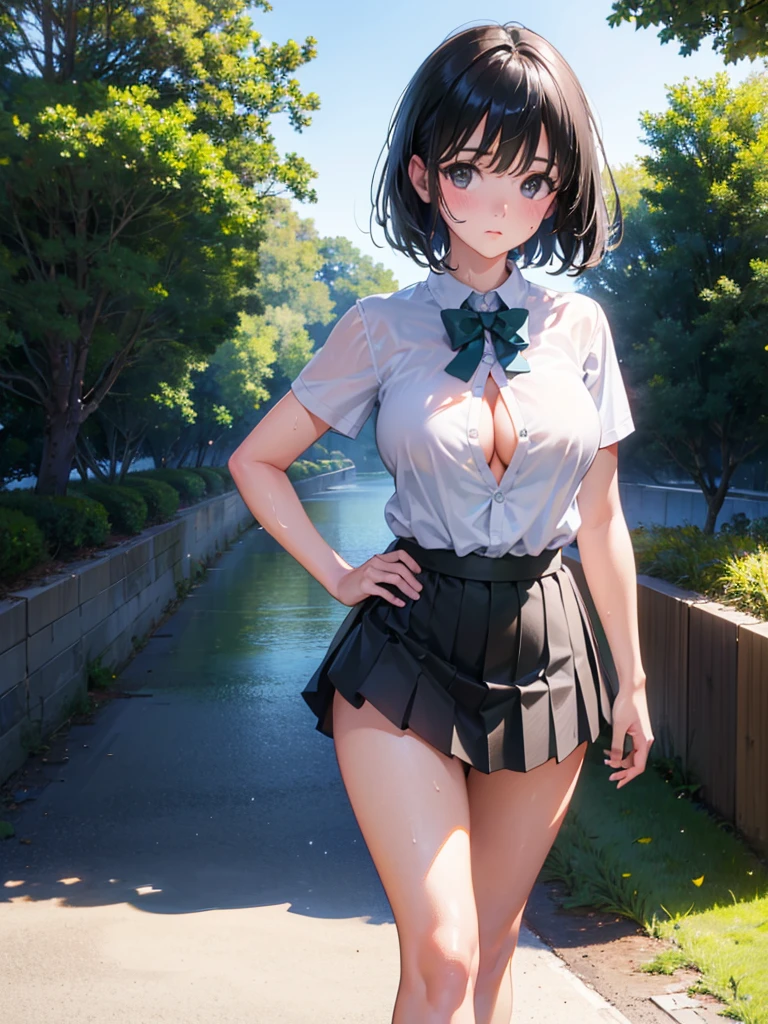 (Highest quality, masterpiece, Ultra-high resolution, (Photorealistic:1.4), RAW Photos),One girl,chool uniform,(wet:1.1), short sleeve,skirt lift,show off hip,no panties,no bra,(Very short black hair, Amazingly cute face, Very beautiful big black eyes)), Very lean body, Very flat and beautiful Massive Breasts and a beautiful ass,blush,Showcasing cleavage, legs, stretch legs, hip,(Booty pose), View Viewer, Detailed face, Fine grain, Detailed Hair, Detailed body, Thigh details,