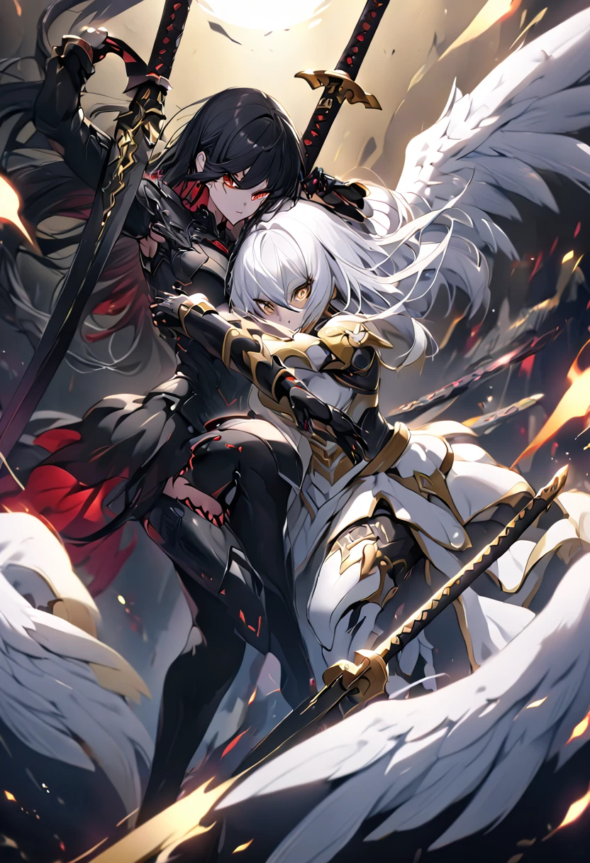 Full HD,A beautiful woman in black armor with red eyes, long black hair with black demonic wings,fighting with swords with beautiful woman,with white armor with yellow eyes long white hair with angel wings