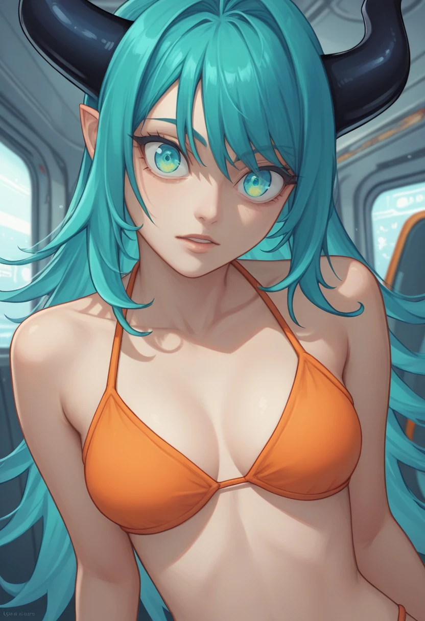 score_9, score_8_up, score_7_up,1 daemon woman, black  horns,1 black demon tail, (aquamarine hair),aquamarine green color hair,ahoge, long hair, (long hair),bangs, light orange bikini, bikini is orange, bikini orange, orange bikini!, (aquamarine eyes), background is spaceship, aquamarine eyes, 1woman ,facing viewer, daemon girl,  close up,Well-endowed, alone, Spacecraft interior, jumping